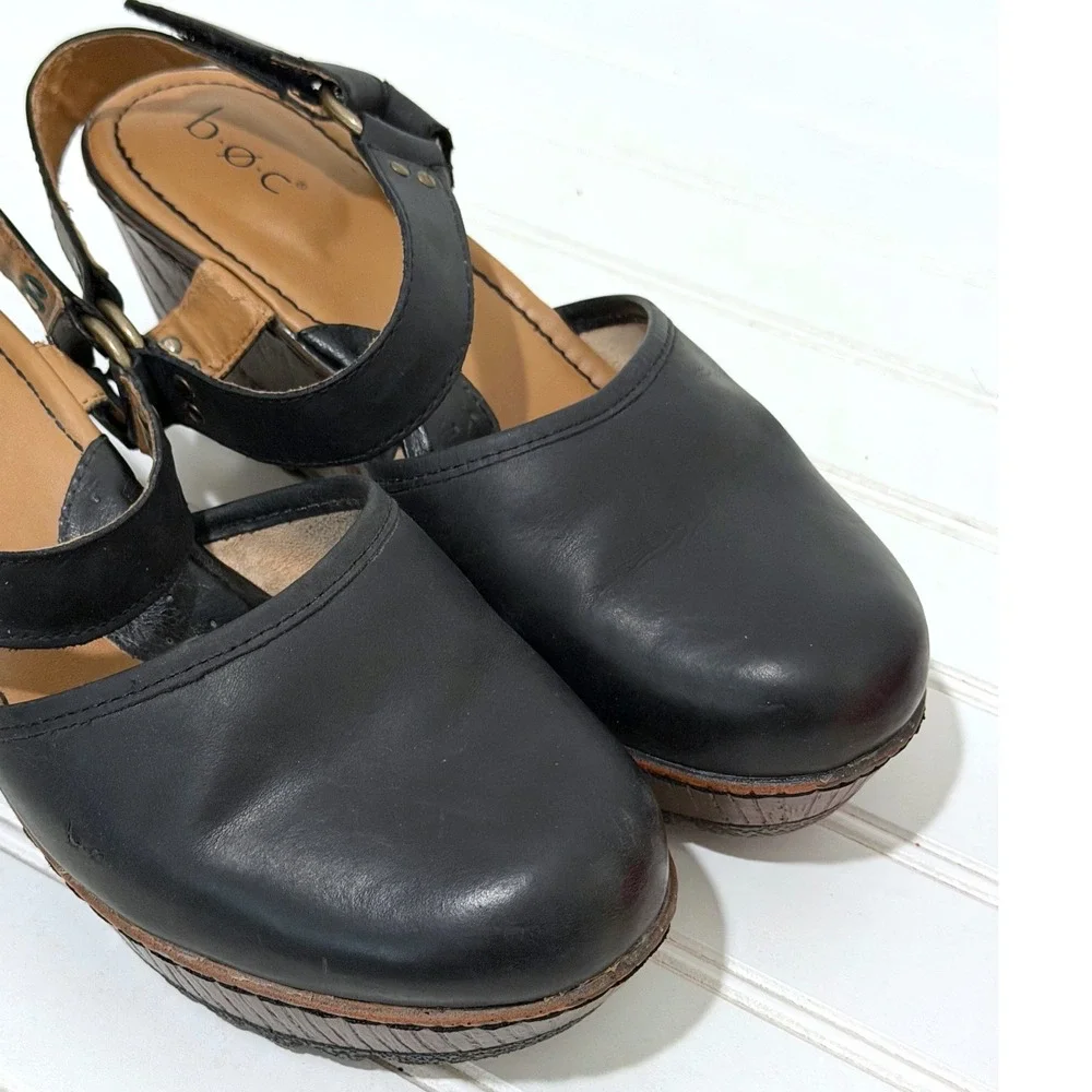 b.o.c. Born Concept Black Leather Rina Wedge Sandals Clog Platform Womens 9M